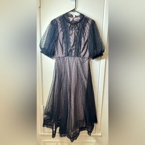 Femi 9 Black Lace Tulle Polka Dot Lace High Neckline Fairycore Goth Midi Dress S